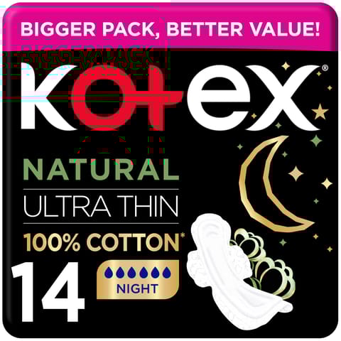 Kotex Natural Ultra Thin Pads, 100% Cotton Pad, Overnight Protection Sanitary Pads with Wings, 14 Sanitary Pads