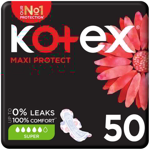 Kotex Maxi Protect Thick Pads, Super Size Sanitary Pads with Wings, 50 Sanitary Pads